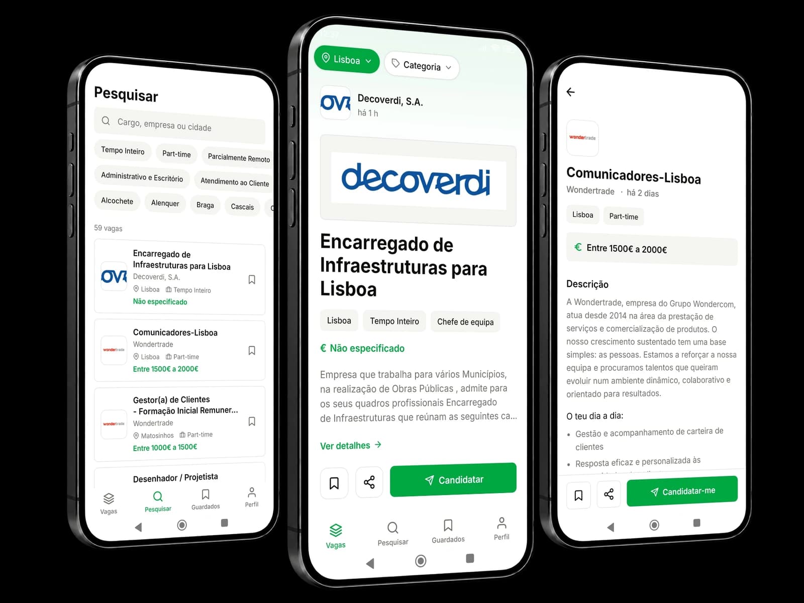 Três ecrãs da app Candidato.pt: pesquisa, detalhe de vaga e candidatura