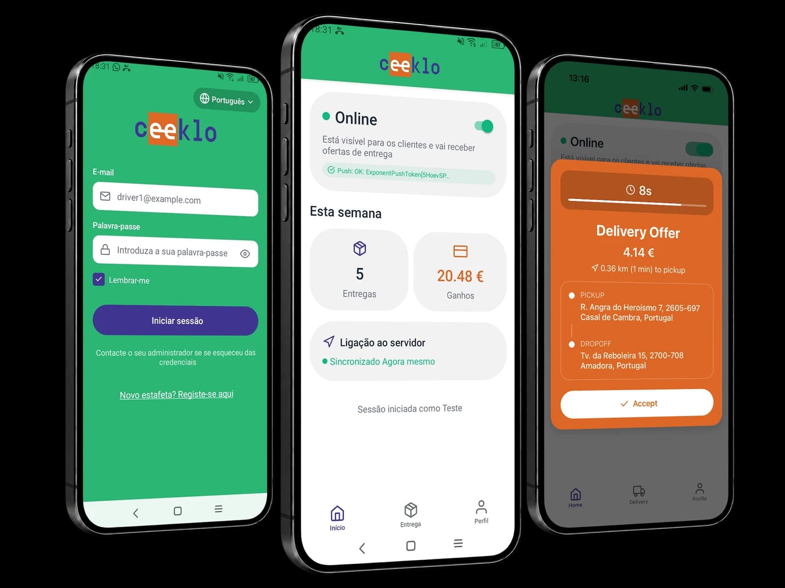 Três ecrãs da app Ceeklo Driver: início de sessão, painel do estafeta e oferta de entrega